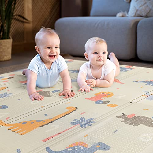79"X 71" X 0.6" Extra Large Waterproof Foldable Baby Floor Play Mat, Xpe Foam Playmat For Infants Babies From Newborns To Toddlers, Crawl To Walk, Reversible & Portable Playmat Dino And Track Pattern #TOP1