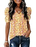 IECCP Concert Outfits for Women Short Sleeve Blouses for Women Fashion Trendy Shirt Loose Fit Puff Sleeve Tops Yellow Floral XL