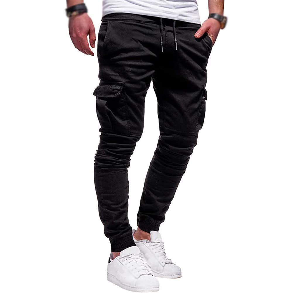 Men Joggers Chino Pants Drawstring Sports Athletic Workout Fitness Track Cargo Tapered Jogging Trousers