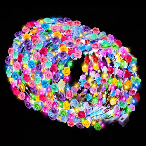 HONLYNE 100 PCS LED Flower Crowns Headbands, Light Up Flower