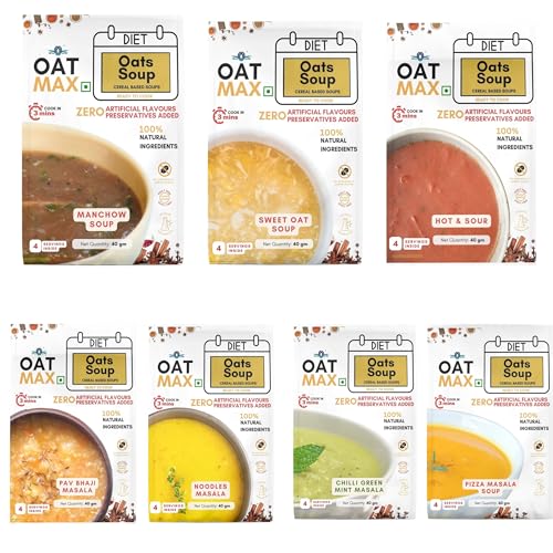 OATMAX OAT SOUP - ASSORTED - PACK OF 7 (40 GM EACH) PLANT BASED, 100% NATURAL INGREDIENTS, PRESERVATIVES FREE, HELPS WEIGHT LOSS/DIET (7)