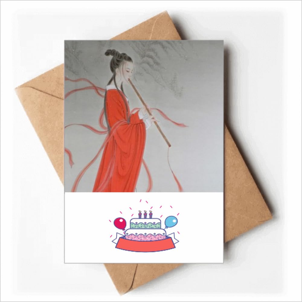 Flute Red Beauty Chinese Painting Happy Birthday Greeting Cards Envelopes Blank
