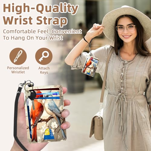 Credit Holder Slim Wallet, PU Leather RFID Blocking, Women & Men Front Pocket Small Card Holder, Credit Card Wallet with Wristlet, Convenient Travel Business, Two Birds3