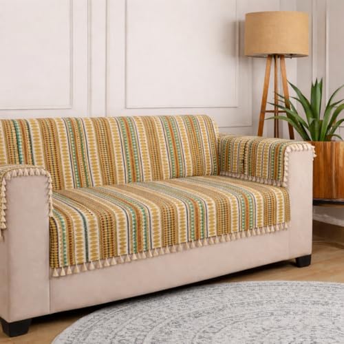 Image of Gifts Island 4 Seater Cotton Sofa Cover Mat | Anti Slip Sofa Cover Throw | All Over Furniture Protector with Elastic Straps | Washable Couch Cover for Living Room (Brown, 4 Seater)