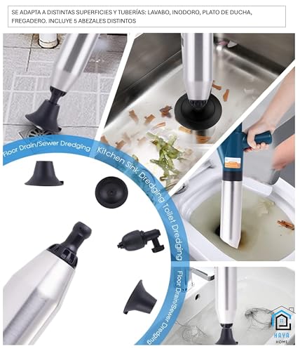 Miniatura 8 de Hayahome - Desatascador Tuberías Wc Desatascador Profesional Con Aire Comprimido Para Desagües E Inodoro Desatascador Inflable De Alta Presión Para Inodoro Lavabo Bañera Tubería Plato Ducha Fregadero