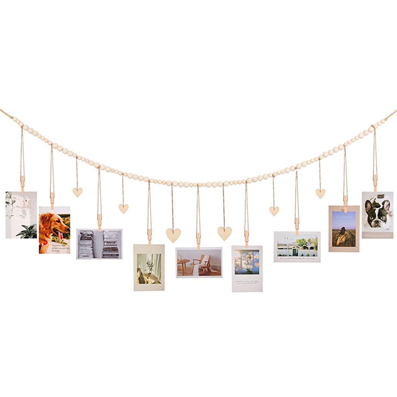 Bbajszx Hanging Photo Display Bohemians Wooden Beaded Garland Pictures Holders with 9Wood Clip Christmas Birthday Womens Photo String with Clip