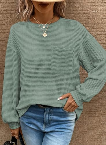 Dokotoo Womens Waffle Knit Tops 2025 Oversized Long Sleeve Crewneck Shirts Business Casual Blouses Basic Shirts3