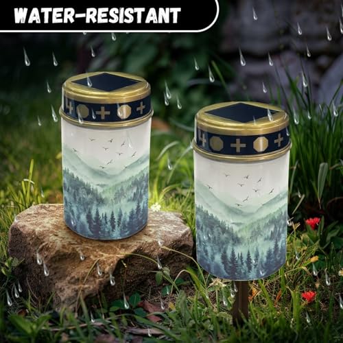 Image of Forest Pattern Cemetery Solar Lights Water Resistant LED Flameless Candle Grave Lights Solar Powered Grave Decor Memorial Gift Outdoor Garden Decor Light for Prayer 2 Pcs