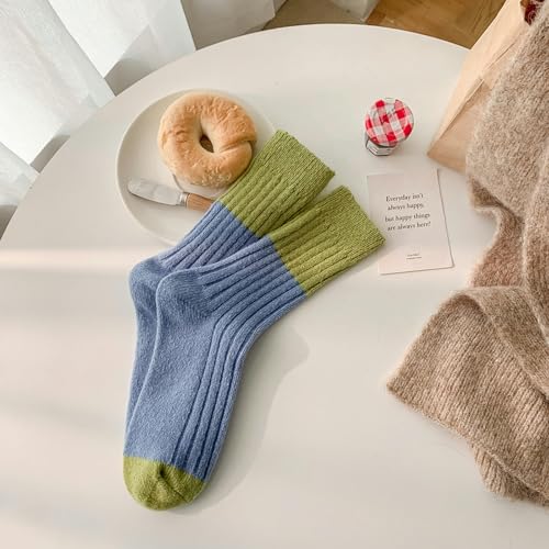 5 pairs - girls' autumn and winter color-blocked wool mid-tube socks, Japanese thick and warm pile socks2