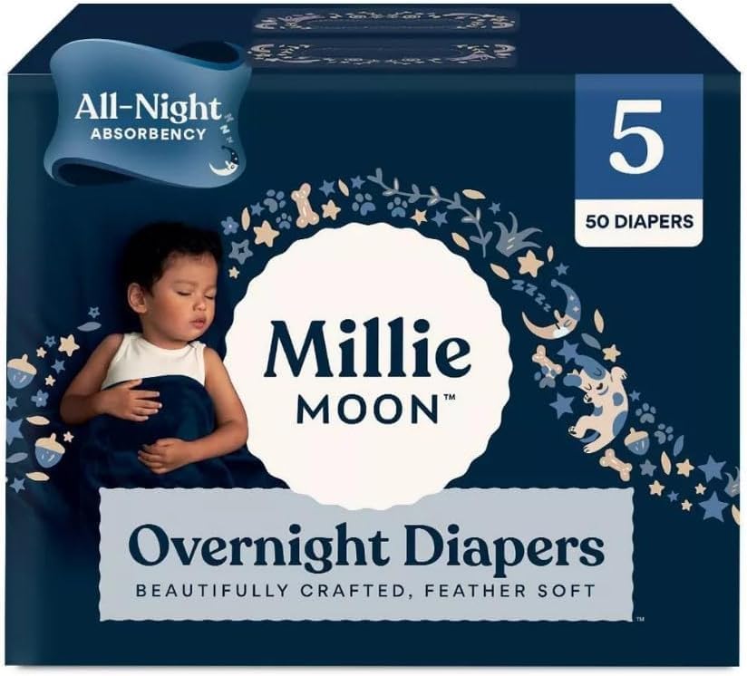 Millie Moon Overnight Diapers(Size-5 and count-50) Diaper Weight Range: 28 to 43 lbs