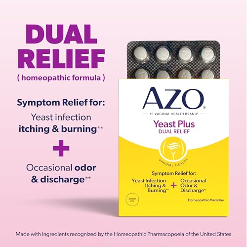 azo yeast plus dual relief homeopathic medicine  yeast infection symptom relief itching amp burning  vaginal symptom relief occasional odor amp discharge  1 most trusted brand  2 pack 60ctx2
