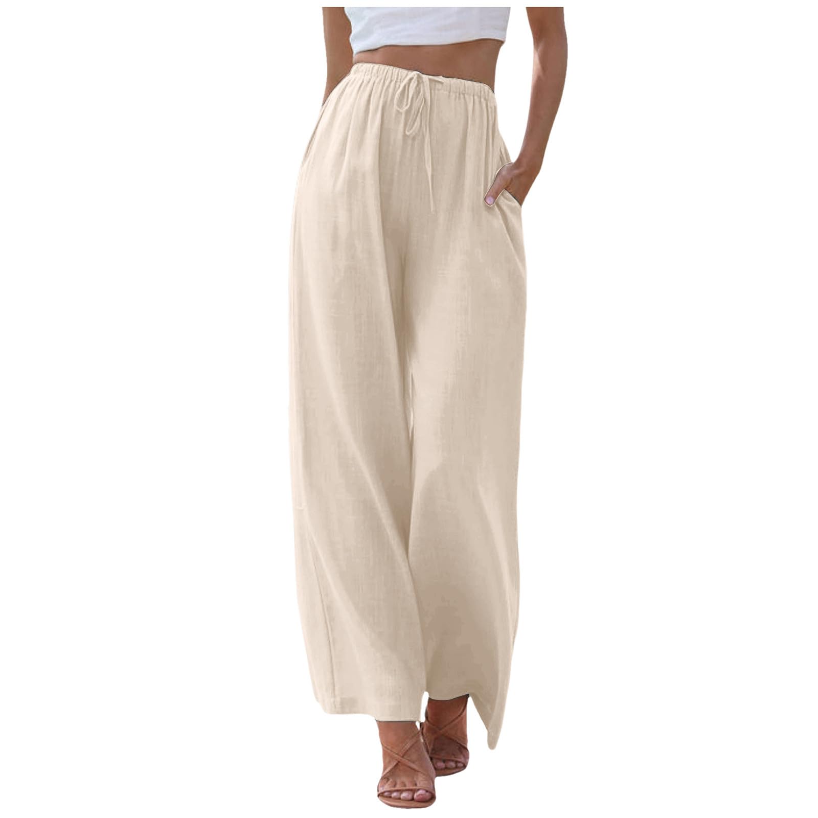 Damen Leinenhose Lang Leicht Sommerhose Loose Fit Casual Locker Stoffhose Weite Beine Palazzo Hose mit Taschen Sommerhose Damen Leicht Baumwolle Leinen Hose Einfarbig Freizeithose