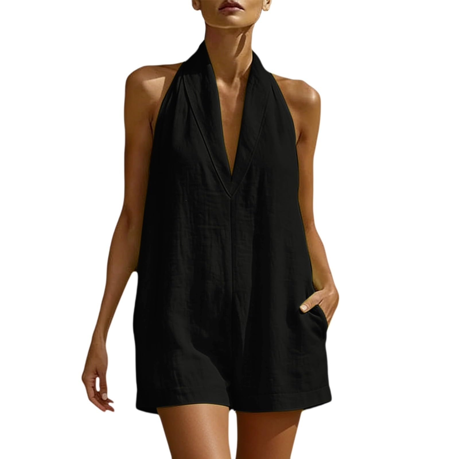 Mono de cuello, estilo casual de verano, sin mangas, ideal para playa, vacaciones y viajes, elegante, ligero, cómodo, moderno y versátil, mujer, bolsillos, estampado floral