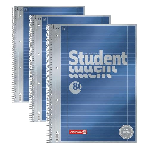 Brunnen Notizblock/Collegeblock Student Premium, 4-fach-gelocht (Veredeltes DeckBlatt mit Metallic-Effekt, A4, liniert Lineatur 27, 90 g/m², 80 Blatt) (Packung mit 3)