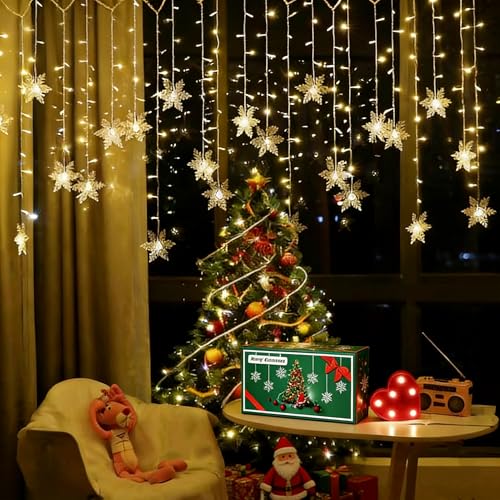 MBVBN LED Curtain Lights,19ft/6M 96 LED Snowflake Curtain String Lights Plug-in Window Curtain Lights with 8 Modes Decoration for Christmas, Wedding, Party,Wall, Home Decorations (Warm White)