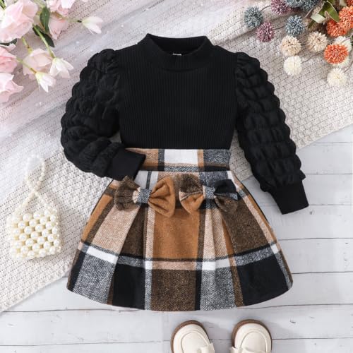 Image of Noubeau Toddler Girls Plaid Outfits Girls Puff Sleeve Knit Ribbed Shirt Tops Plaid Skirt Set Kids Fall Winter Clothes