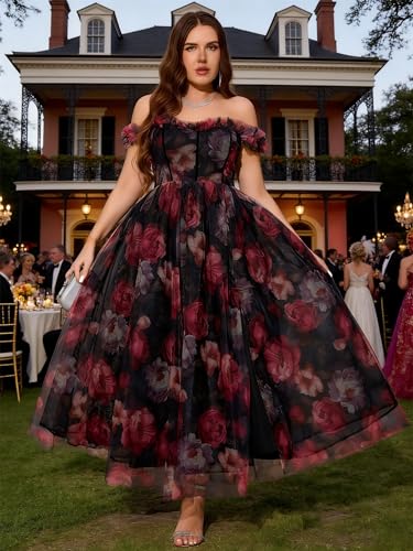 Image of EYWOL Plus Size Formal Wedding Guest Cocktail Party Floral Dress with Slit | Plus Size,Floral,Tulle,Midi,Sweetheart,Off Shoulder,A Line,Gown,Wedding Guest,Cocktail,Prom,Strapless,Formal,Party,Evening