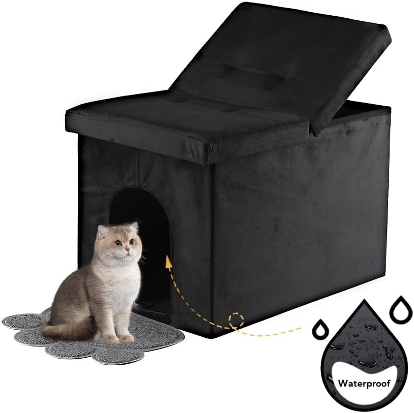 MEEXPAWS Cat Litter Box Enclosure Furniture Hidden Large, Lift Design Lid Velvet Cat Washroom Bench Storage Cabinet|25x 18 x 18 in|Dog Proof|Urine Proof Inside|Quick Assembly| Easy Clean(Black) L 25''x W18'' x H18'' Black