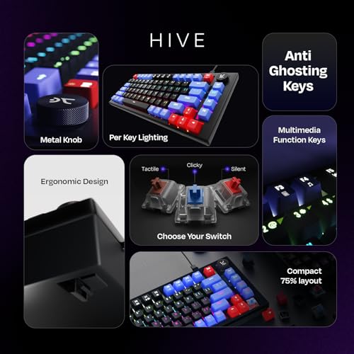 Image of Kreo Hive Anti-ghosting Gaming Keyboard | 75% Tenkeyless Wired Mechanical Keyboard with White LED Backlight Red Switches & 3 Colour Key Caps | Detachable USB C Cable BP (White Backlight, Red Switch)