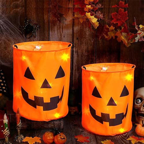 Windyun 6 Pieces LED Light Halloween Candy Bags Reusable Goody Bucket Light up Trick or Treat Bags Large Halloween Party Pumpkin Goody Snack Bag Multipurpose Party Supplies for Boys Girls (Orange) - Thumbnail 4