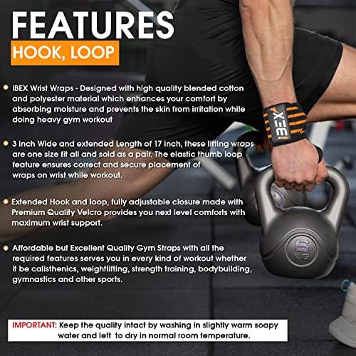 IBEX Weight Lifting Wrist Wraps with Elastic Thumb Loop & Velcro Support - Strongly Stitched Straps with Extended length for Gym workout Weight Lifting Exercise