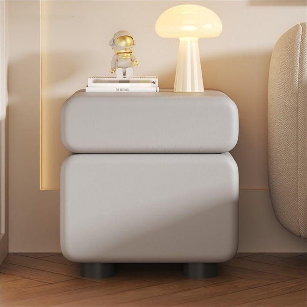 Wood Bedside Table with Two Drawers, Leather Wrapped Hidden Pull Design, Modern Storage Side Cabinet for Bedroom and Living Room Spaces(Light Gray,40cm/15.7in)