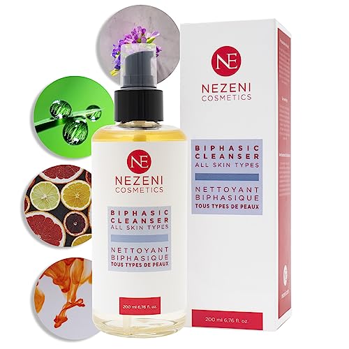 Nezeni Limpiador BIFÁSICO Desmaquillante 200 ml | Niacinamida, Ac. Salicílico, Bakuchiol, Vit C | 9 Principios Activos | Vegano | Para Pieles Normales, Mixtas y Grasas | BAJO EN CONSERVANTES