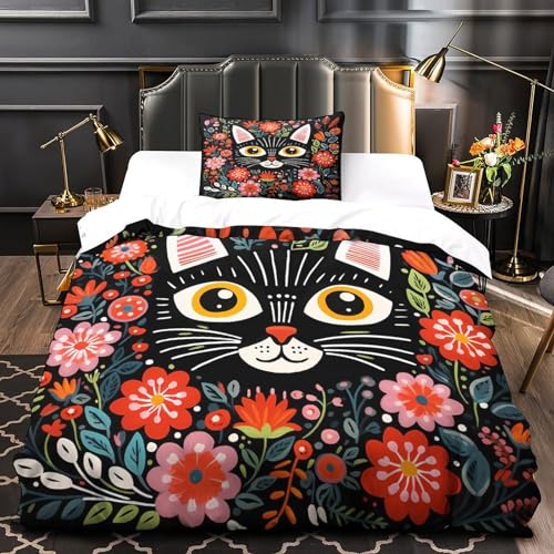 Housse de couette fleurs et chat en microfibre premium 135x200