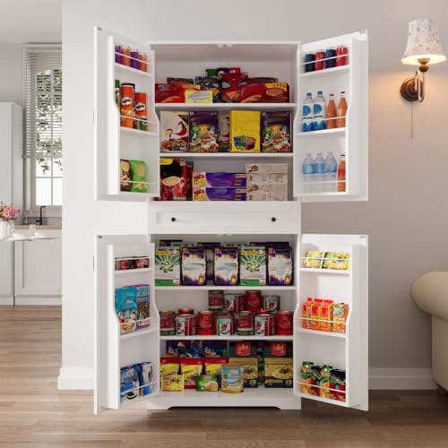 VOWNER Credenza Cucina, Mobile Buffet, Credenza, Mobile Dispensa, Armadio Dispensa, 4 Ripiani Regolabili, 12 Ripiani su Ante, MDF, 183H x 76W x 40Lcm (Bianco) - immagine 5