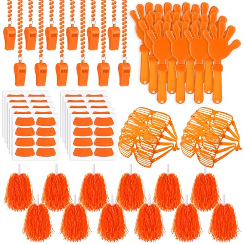 Realspring 148Pcs Team Spirit Accessories Kit Bulk Spirit Day Items Cheer Pom Poms Clappers Whistles Glasses Eye Black Stickers for Homecoming Week Game Day Camp College Sports Event(Orange)