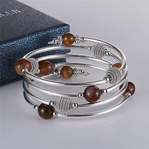 Pearl&Club Beaded Chakra Bangle Turquoise Bracelet - Fashion Jewelry Wrap Bracelet with Thick Silver Metal and Mala Beads, Birthday Gifts for Women (63-Agate Brown) - Thumbnail 5