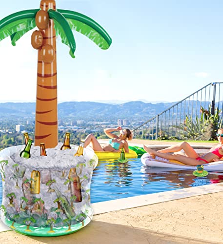 Cota Global Inflatable Palm Tree Pool Cooler & Drink Holders Set - Giant Tropical Pool Drink Cooler & 2 Floating Holders, Premium Palm Tree Pool Decor Accessories For The Beach & Pool Party - 3 Pack #TOP3