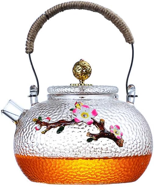 日式加厚锤纹提梁壶明火烧水壶泡茶煮茶壶梅花镶嵌耐熱玻璃壶