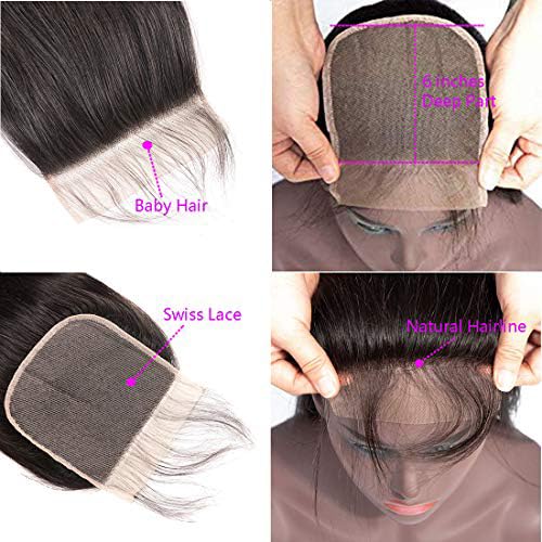 6x6 Closure Human Hair Closure Straight Pre Plucked Swiss Lace 6x6 Transparent Lace Closure With Baby Hair Bleached Knots Brazilian Closure 100% Unprocessed Natural Color Free Part 16 Inch - Image 4