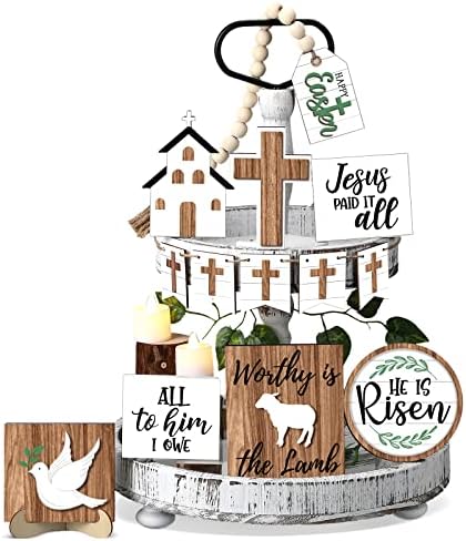 15 Pcs Easter Tiered Tray Decor Set, Table Top Decor Farmhouse Wooden Block Signs Wood Cross Decor with LED String Lights for Easter Home Kitchen Decorations