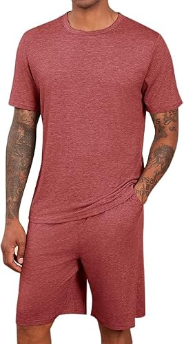 Runcati Conjunto de pijama para hombre de verano, manga corta, camisetas y pantalones cortos para padre y pareja, borgoña, 3XL