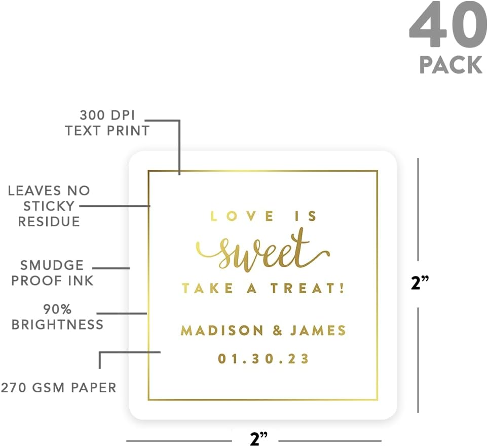 Andaz Press Personalized Square Wedding Favor Gift Labels Stickers, Metallic Gold Ink, Love is Sweet Take a Treat, 40-Pack, Custom Made Any Name