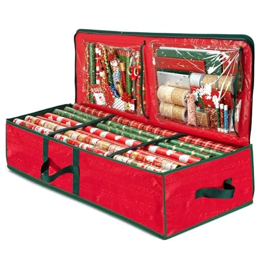 ZOBER Underbed Gift Wrap Organizer, Interior Pockets, fits 18-24 Standard Rolls, Underbed Storage, Wrapping Paper Storage Box and Holiday Accessories, 40” Long - Tear Proof Fabric (Red)