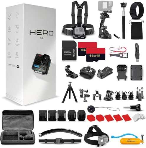 GoPro Hero (Go Pro Hero) Black Compact - Waterproof Action Camera with 4K Ultra HD Video, 12MP Photos + 50-in-1 Accessory Kit + 2 X 64GB Card + More