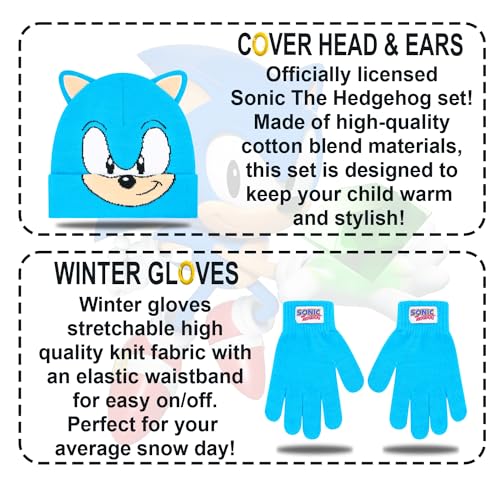 Image of Sonic The Hedgehog Winter Hat and Gloves Set - Blue Sonic Hat for Boys Ages 5-13 - Winter Hat with Scarf and Glove Set
