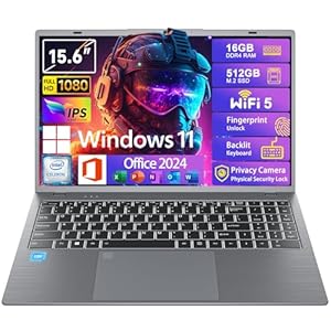 Windows11 Intel Laptop 15.6 pulgadas pantalla HD (Celeron N5095) 16 GB de RAM 512 GB de almacenamiento SSD, con Office 2024 gratuito | Desbloqueo de huellas dactilares | Cámara de privacidad |