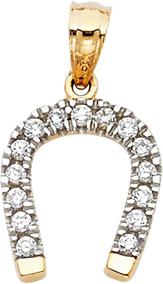 K14イエローゴールドキュービックジルコニアラッキーホースシューペンダント11x13mm