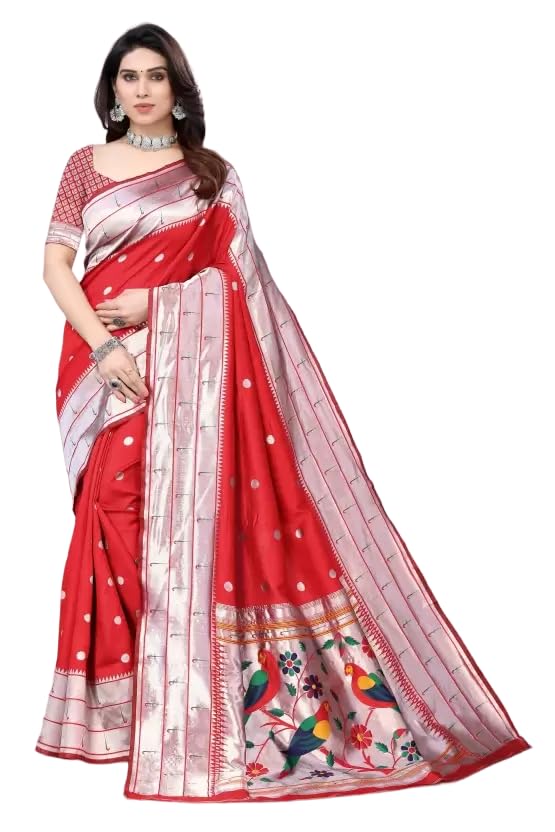 SATIKA RITIWomen's Paithani Kanjivaram Pure Silk Handloom Saree Pure Silver Zari With Blouse Piece