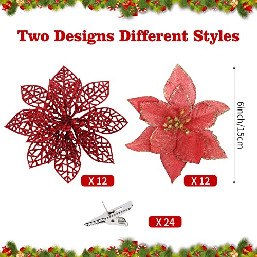 24 Pieces Christmas Glitter Poinsettia with Clips Christmas Poinsettia Decorations Artificial Poinsettia Flowers Ornament Christmas Flowers for New Year Wedding Home Decoration 5.9inch/15cm Red