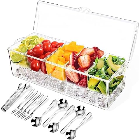 Condiment Tray with Stainless Steel 5 Spoons, 5 Forks and 1 Clip, Chilled Condiment Server, Condiment Server, Bar Garnish Holder on Ice, Bar Accessories Fruit and Salad with Removable Trays and Lid Cover
