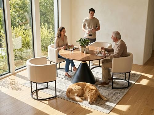 Image of HNY Mid Century Modern Upholstered Dining Chairs with Arms Set of 4, Contemporary Linen Kitchen & Dining Room Chairs, 18.5 inch Wide Accent Chair for Dining Room Living Room with Black Metal Frame, Cream