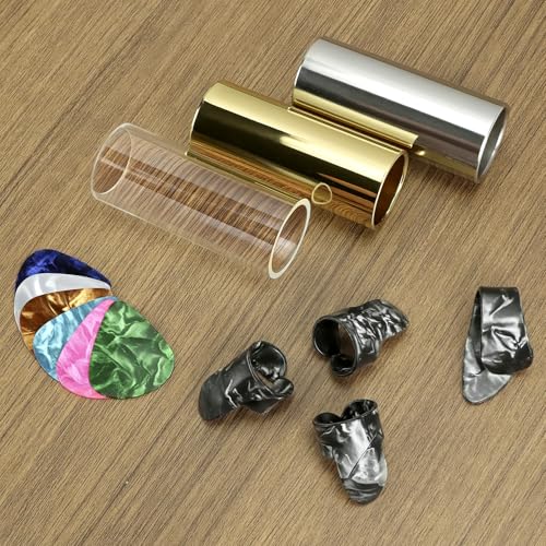 QWORK Guitar Slide, Set of 3 Glass Steel and Brass Slides with 6 Guitar Picks and 4 Finger Picks Full Tone Resonant Sound for Electric and Acoustic Guitar Gift Box Included