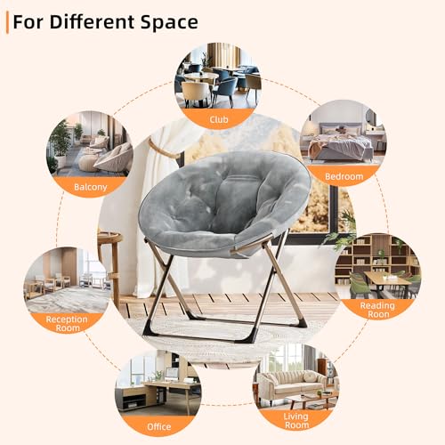 GarveeHome Comfy Oversized Saucer Chair – Soft Plush Fabric Reading Lounger for Adults, Stable X-Large Metal Frame Foldable Accent Lazy Chair for Bedroom, Living Room, Dorm, Office,Grey