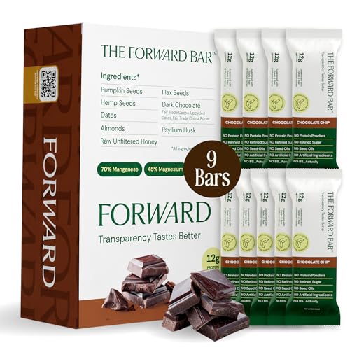 The Forward Bar Chocolate Chip Protein Bar | Whole Food Plant-Based Gluten-Free Dairy-Free Non-GMO | 12g Complete Protein High Fiber Healthy Snack & Meal Replacement | Box of 9 Bars