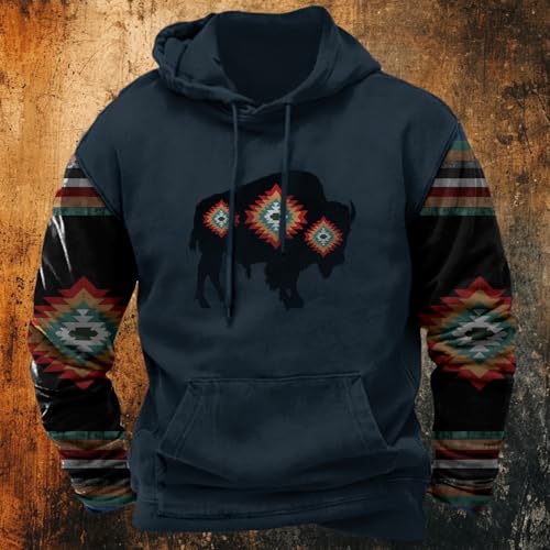 Mens Aztec Graphic Cowboy Hoodies Oversized Long Sleeve Drawstring Sweatshirts Pullover Country Jackets with Pocket2